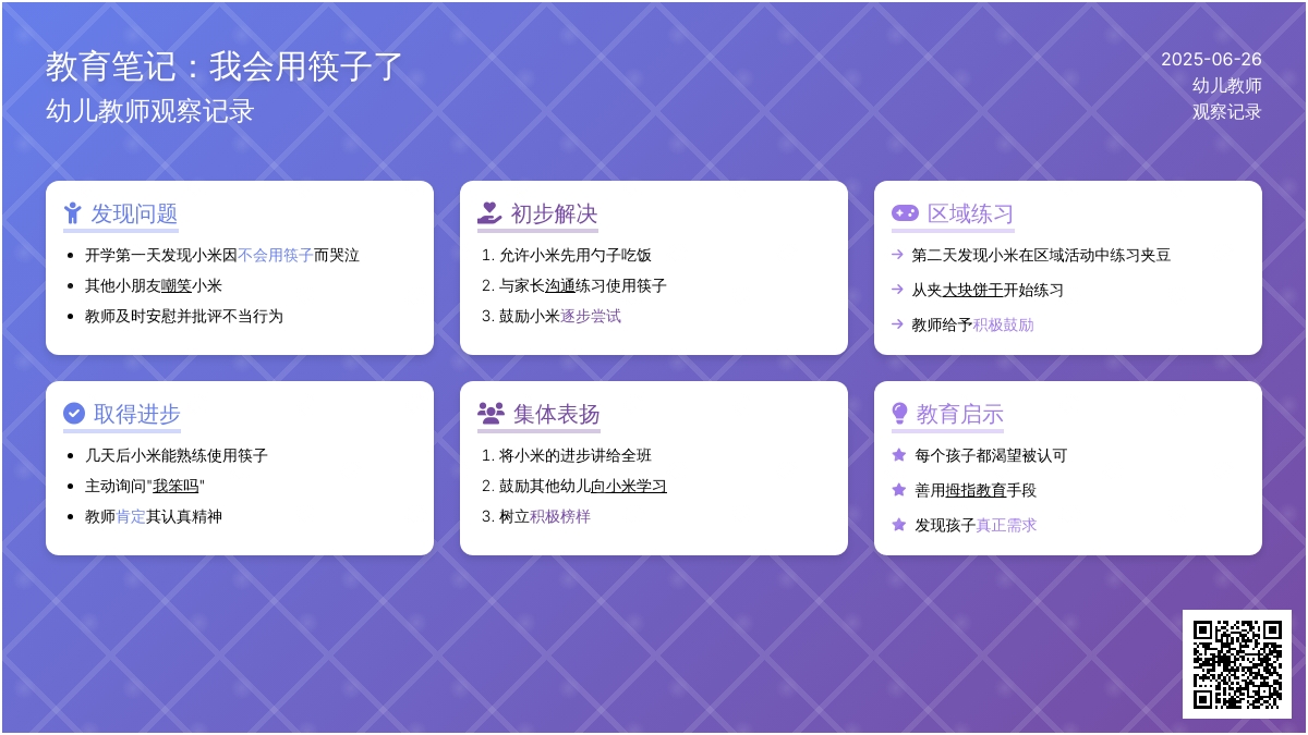 幼儿教师观察记录《我会用筷子了》