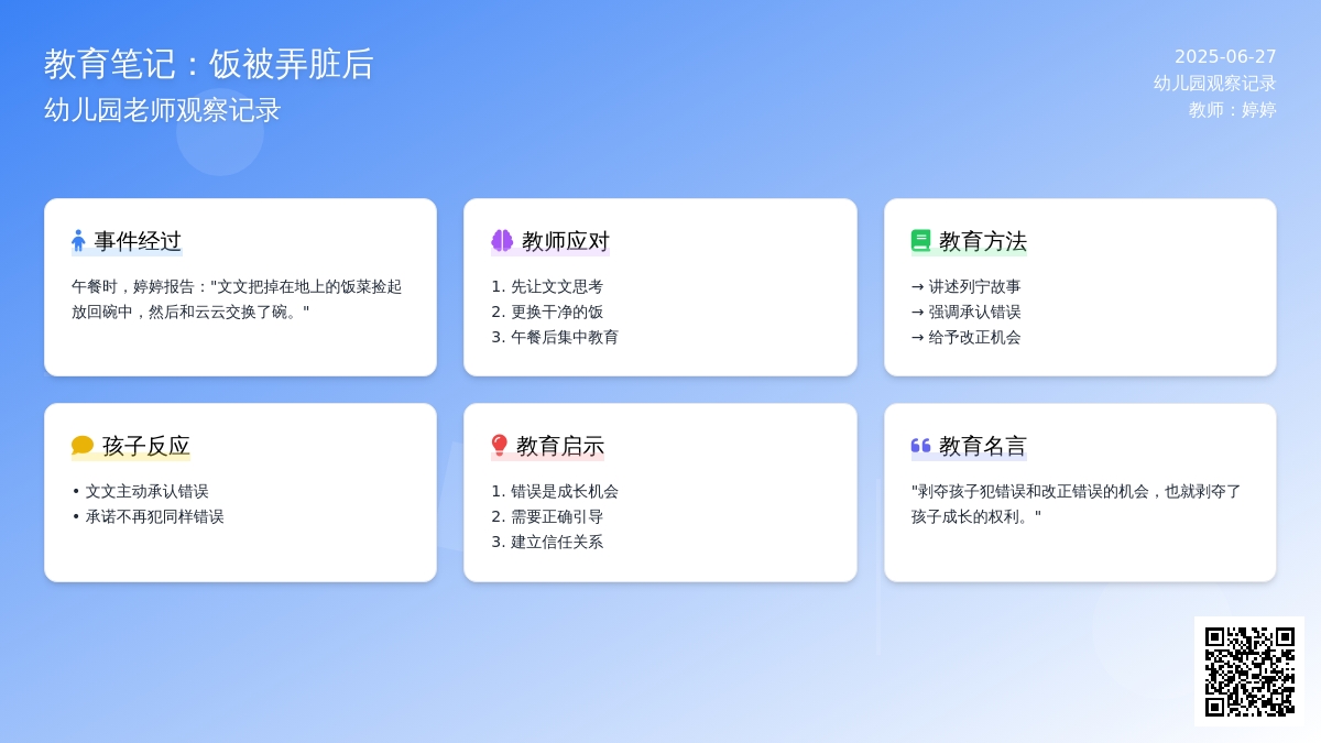 幼儿园老师观察记录《饭被弄脏后》
