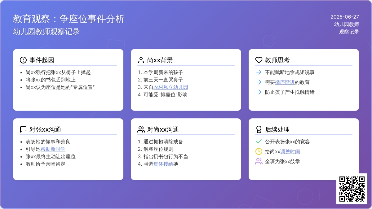 幼儿园教师观察记录《争座位以后》