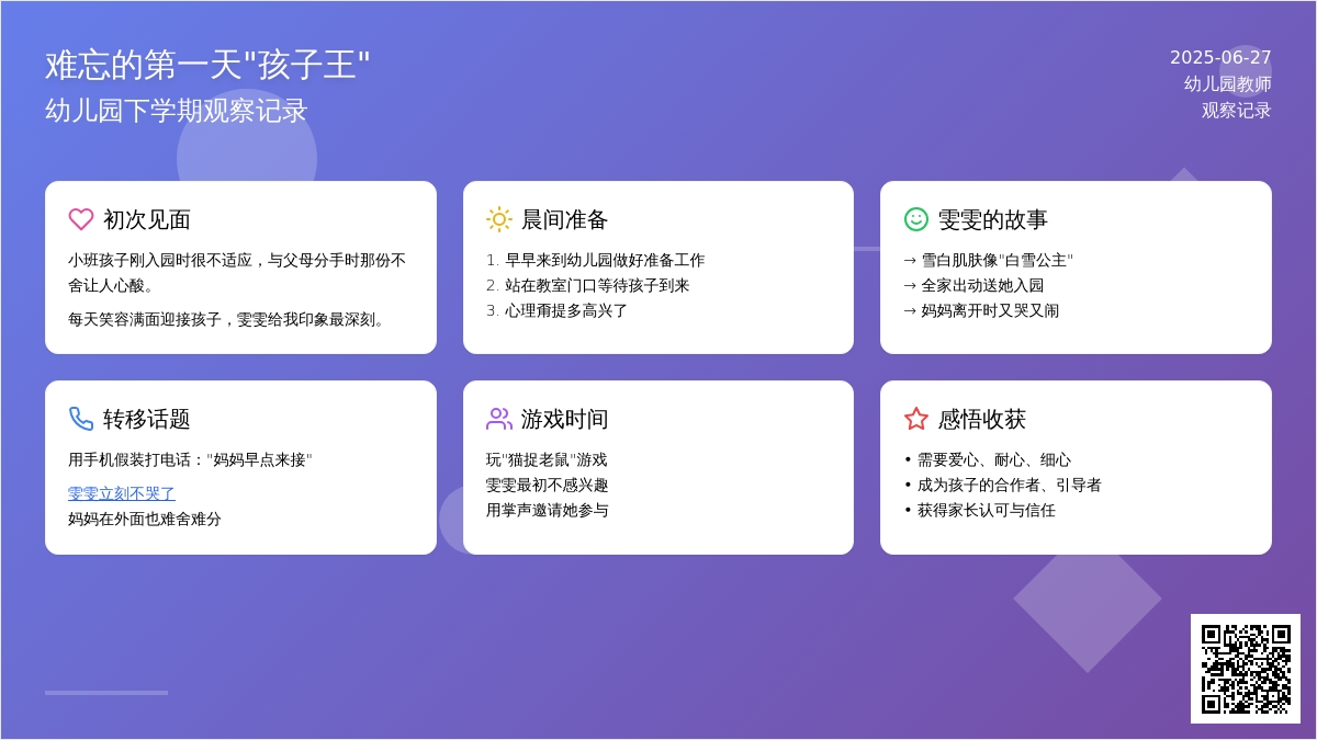 幼儿园下学期观察记录《难忘的第一天“孩子王”》