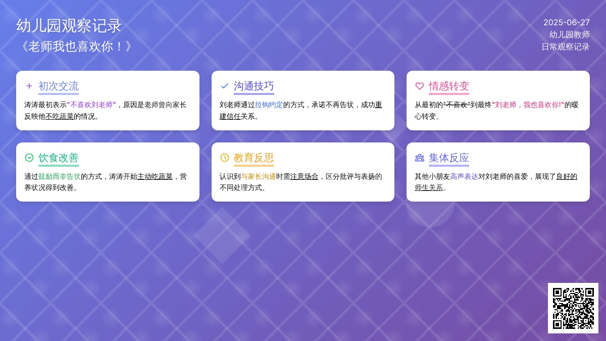 幼儿园观察记录《老师我也喜欢你！》