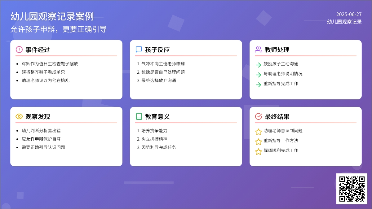 幼儿园观察记录案例《允许孩子申辩，更要正确引导》