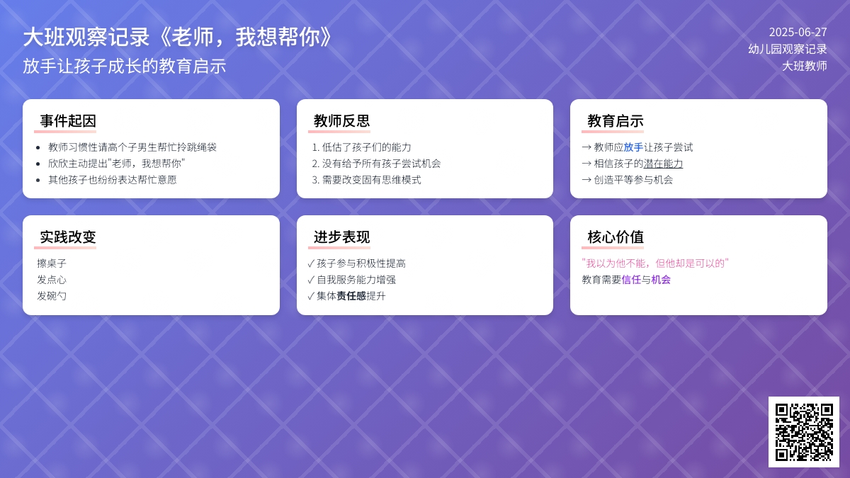 大班观察记录《老师，我想帮你》