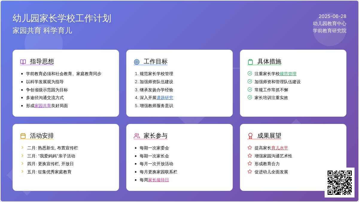 2016年幼儿园家长学校工作计划范文