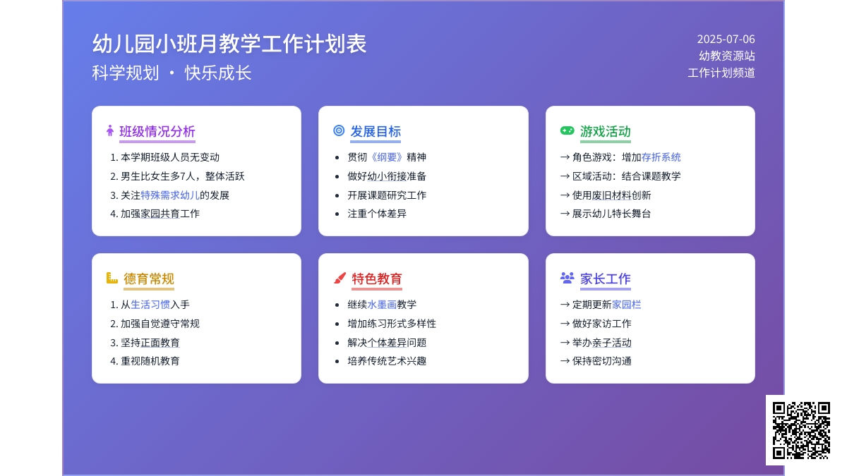 幼儿园小班月教学工作计划表
