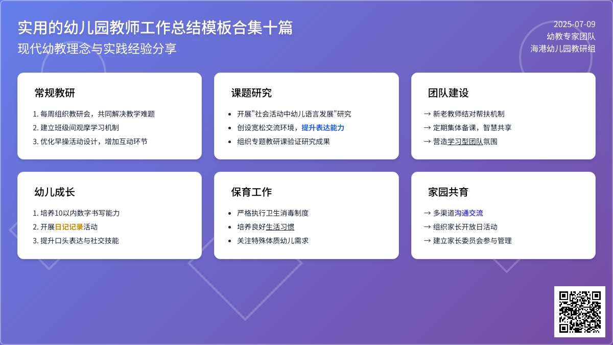 实用的幼儿园教师工作总结模板合集十篇