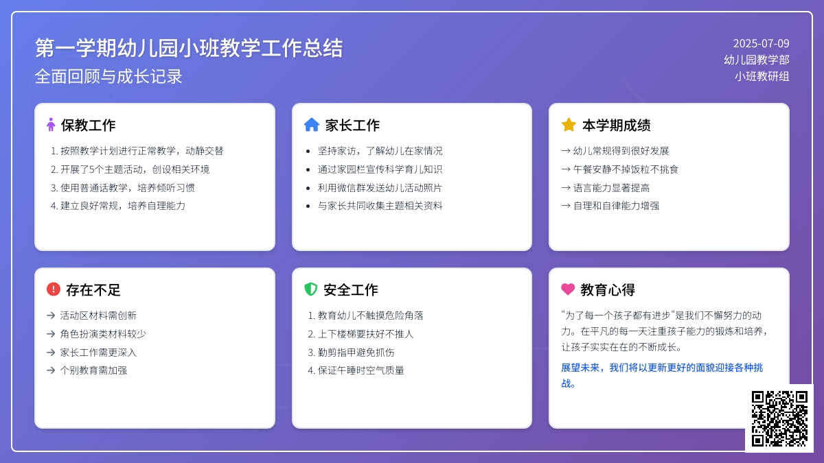 第一学期幼儿园小班教学工作总结范文