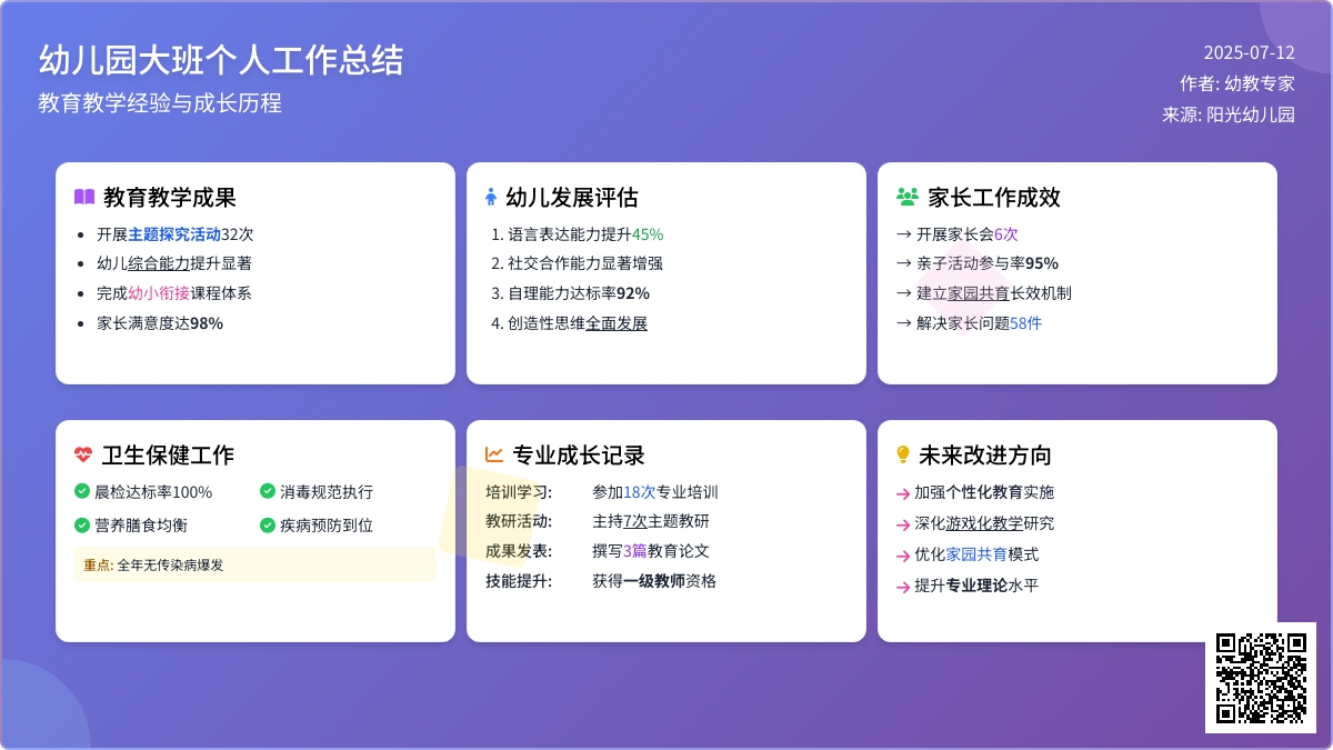 幼儿园大班个人工作总结4篇