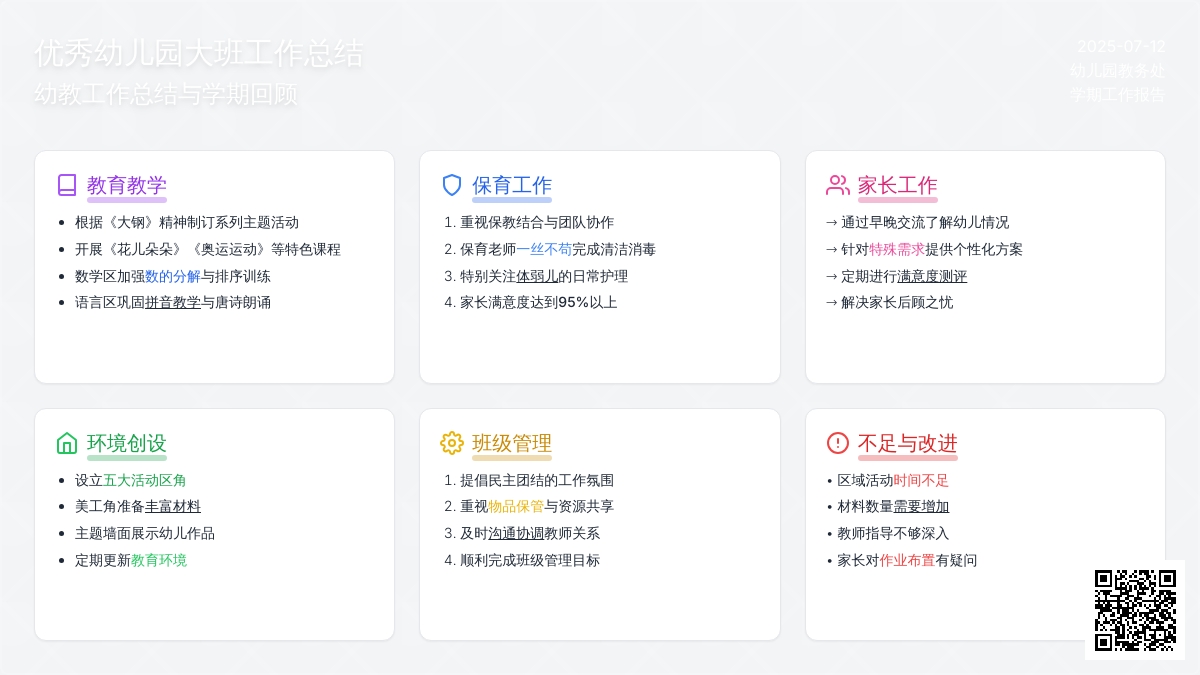 优秀幼儿园大班工作总结幼教工作总结