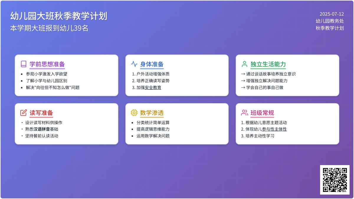 幼儿园大班秋季教学计划