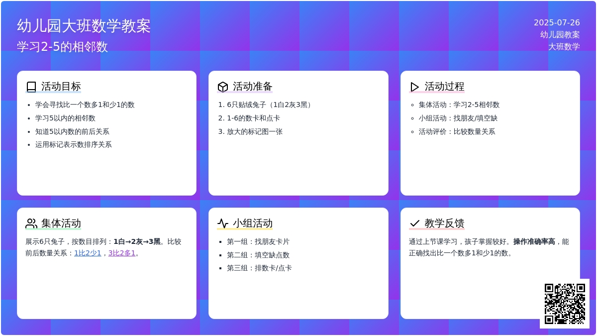 幼儿园大班数学教案：学习2―5的相邻数