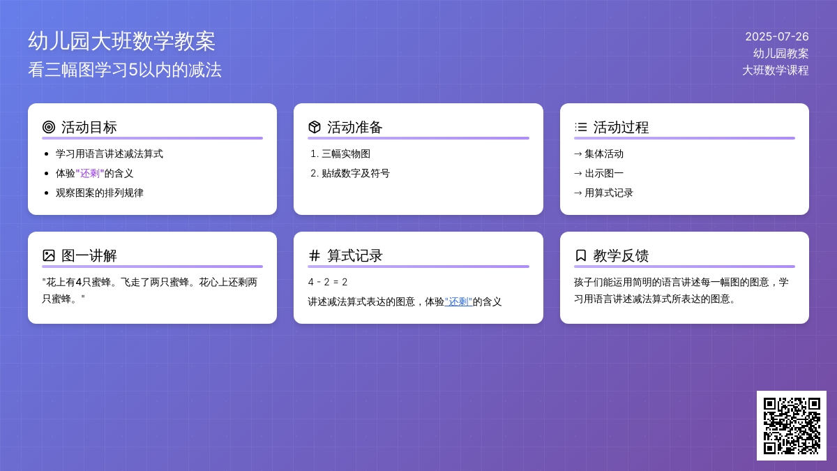 幼儿园大班数学教案：看三幅图学习5以内的减法