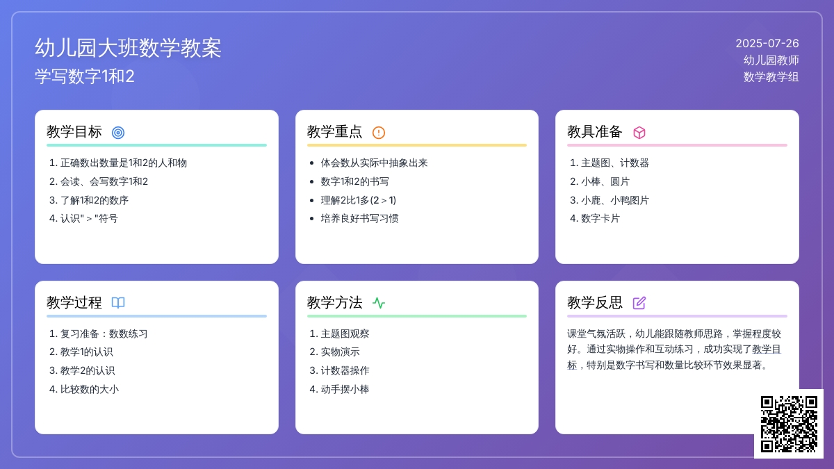 幼儿园大班数学教案：学写数字1和2