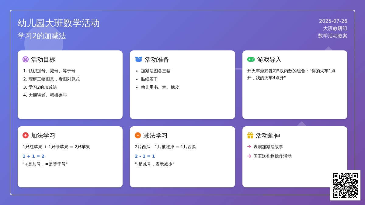 幼儿园大班数学活动：学习2的加减法