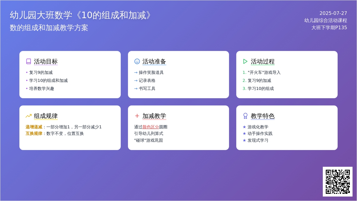 幼儿园大班数学《10的组成和加减》