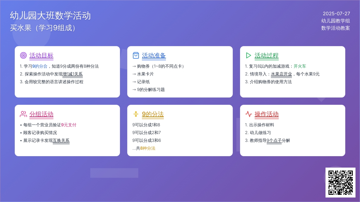 幼儿园大班数学活动：买水果（学习9组成）