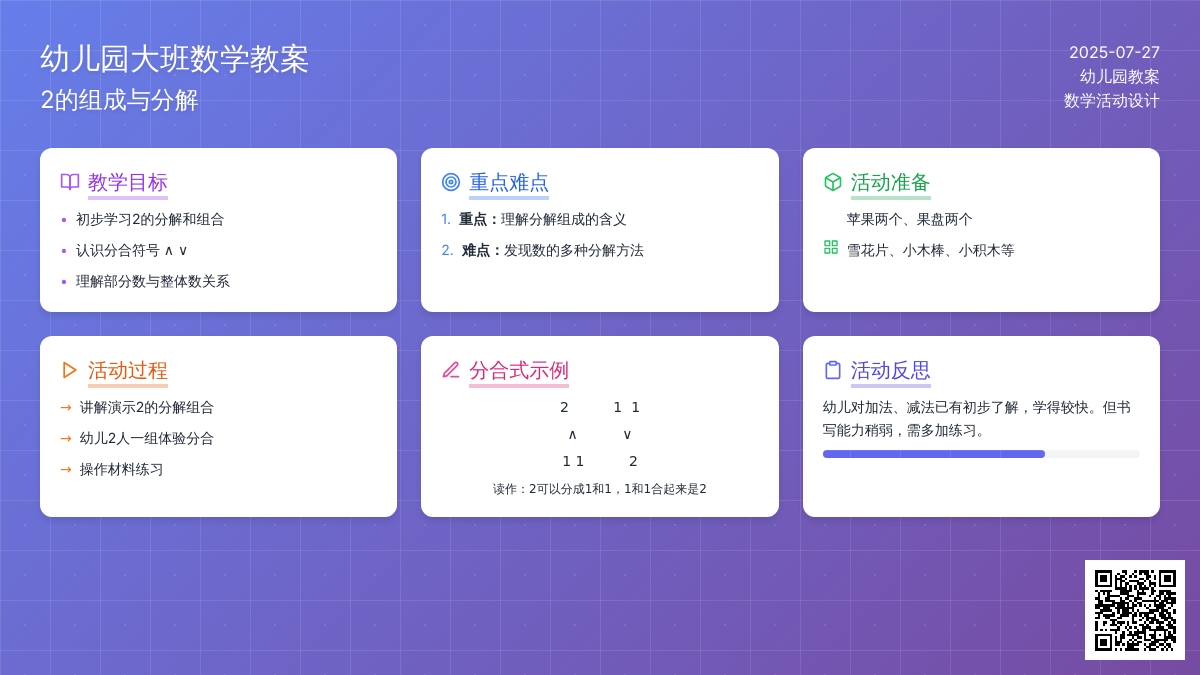 幼儿园大班数学教案：2的组成、分解