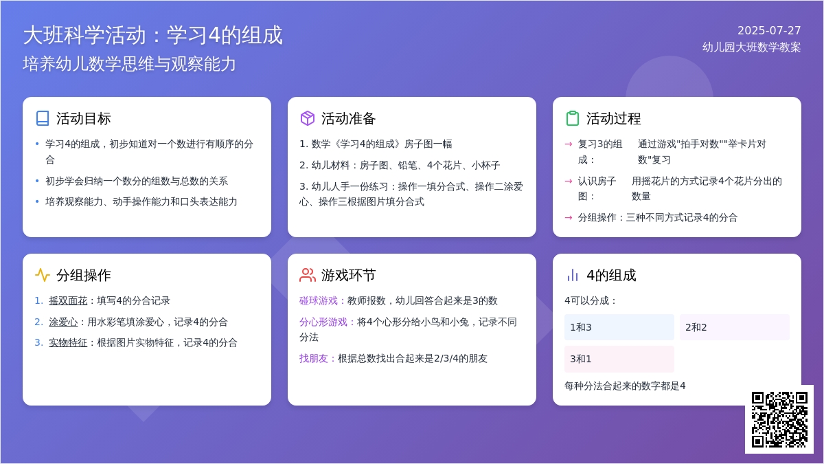 幼儿园大班数学教案：学习4的组成