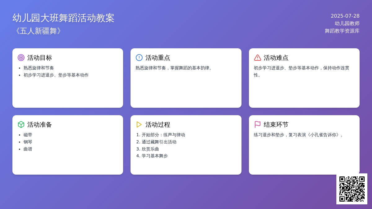 幼儿园大班舞蹈活动教案《五人新疆舞》