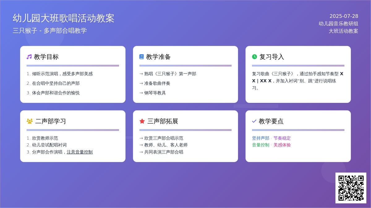幼儿园大班歌唱活动教案：三只猴子