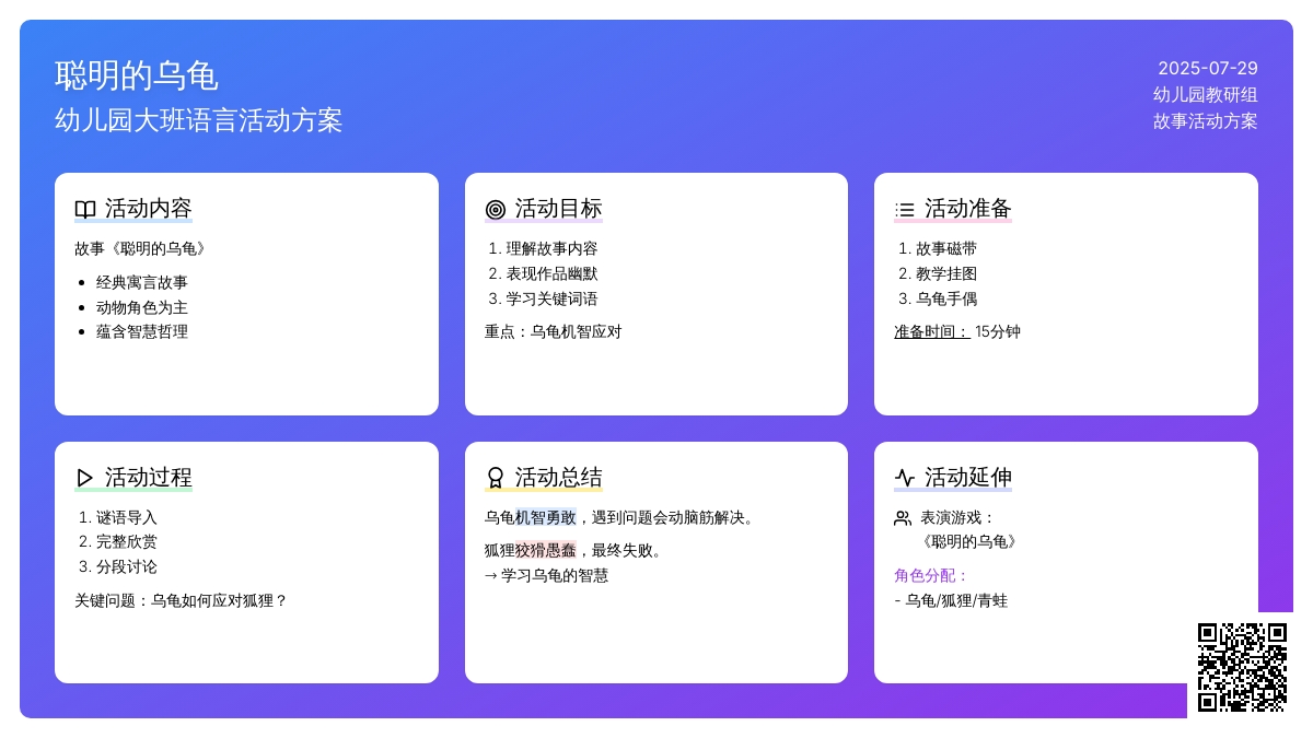 幼儿园大班语言活动方案：故事《聪明的乌龟》下载