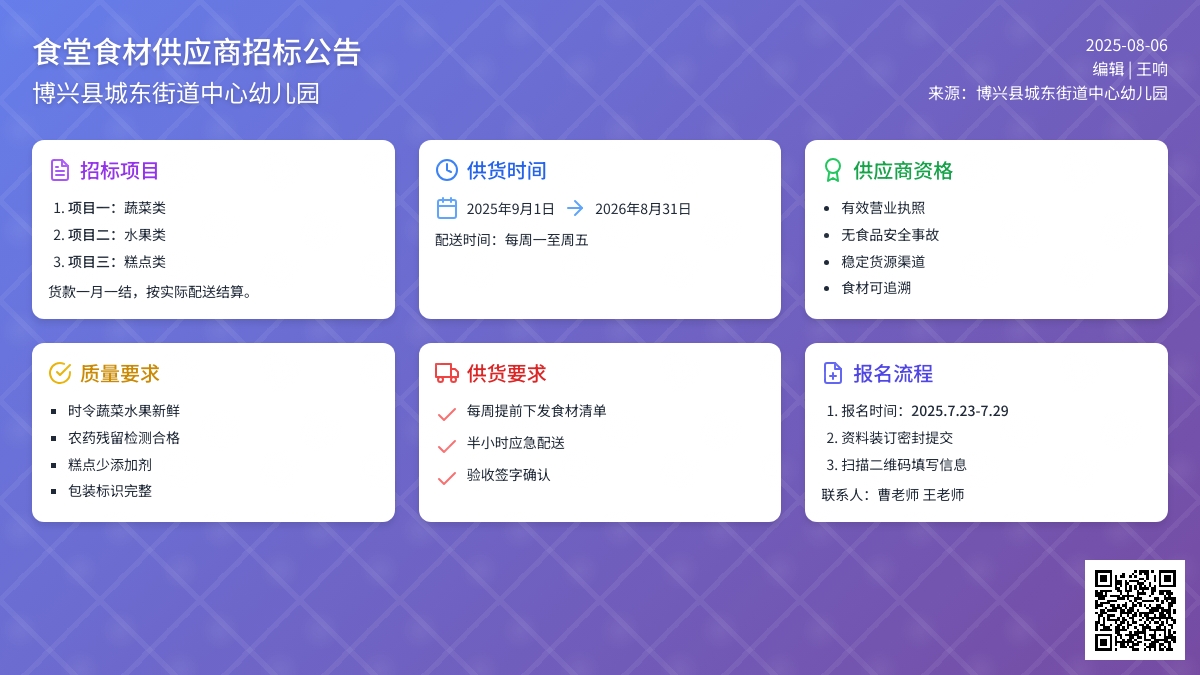 【招标公告】幼儿园食堂食材供应商招标公告——博兴县城东街道中心幼儿园